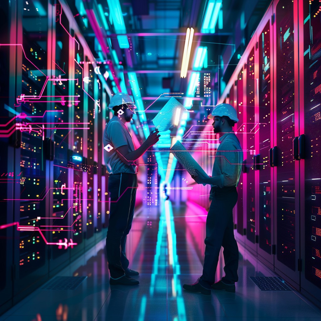 two technicians communication in a figurative virtual server room